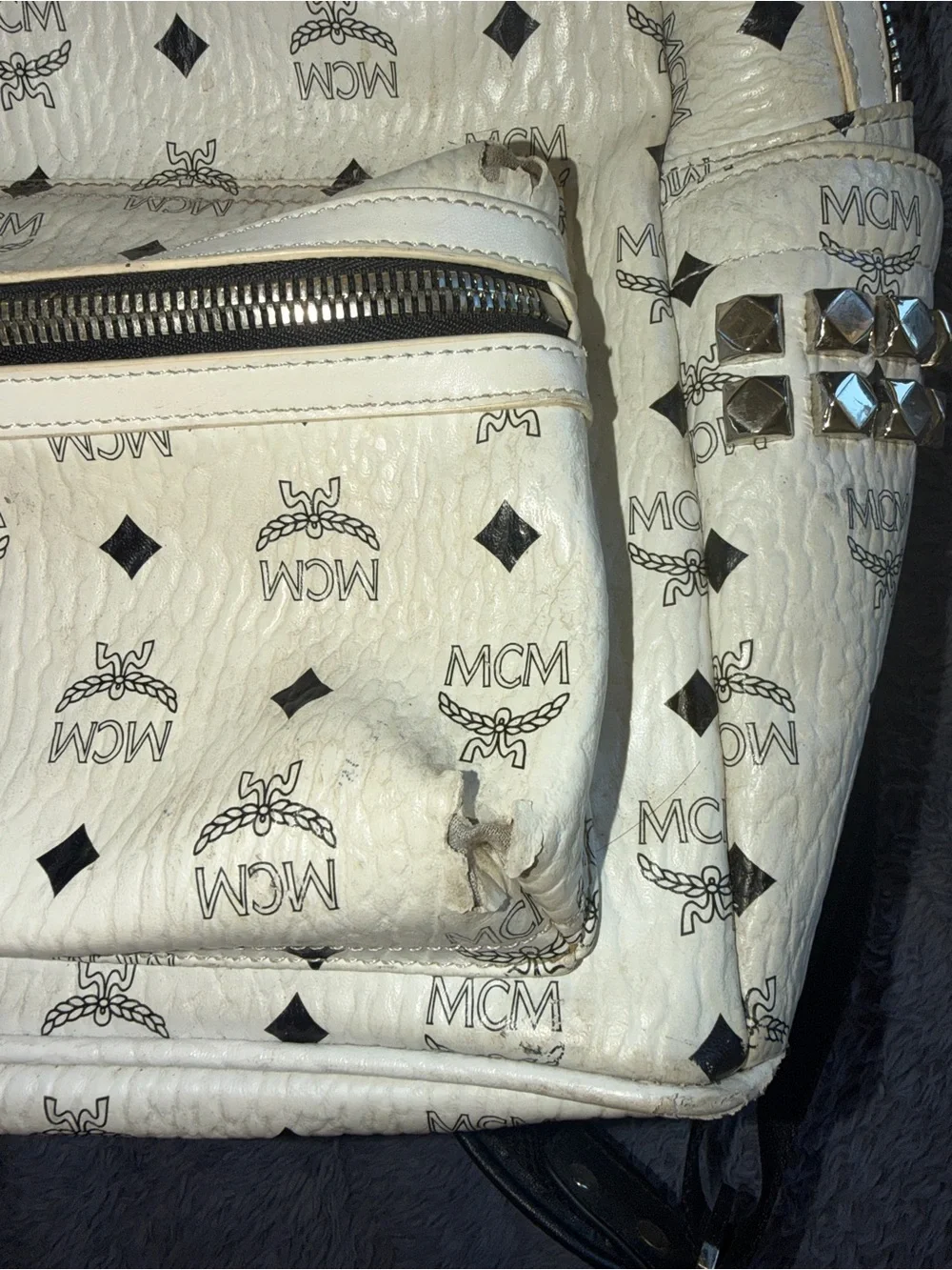 USED MCM Black & White Studded Backpack.